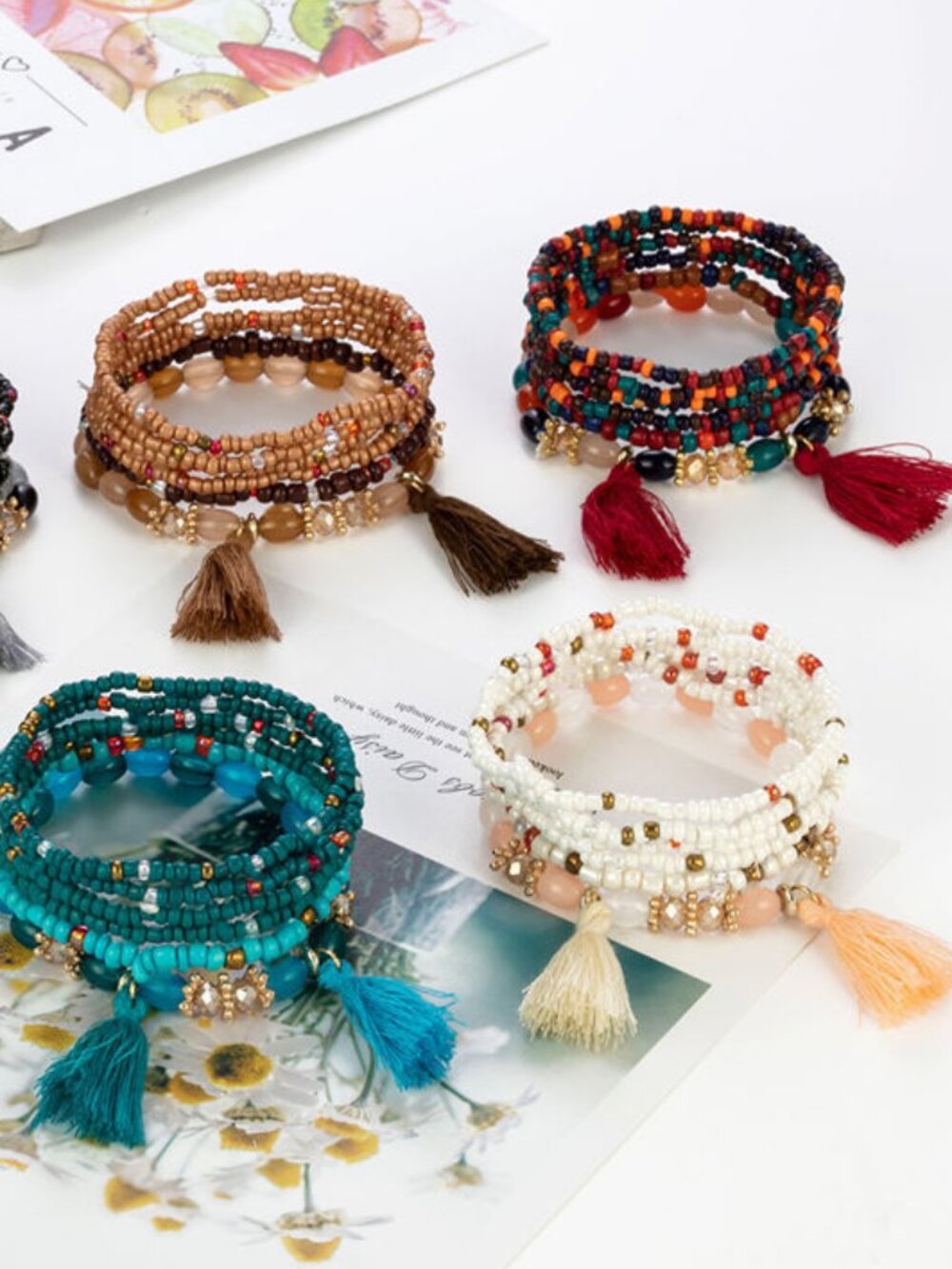 Boho Beaded Tassel Stretch Bracelet Set Multicolor Layered Stack Bracelet - Picture 2 of 8